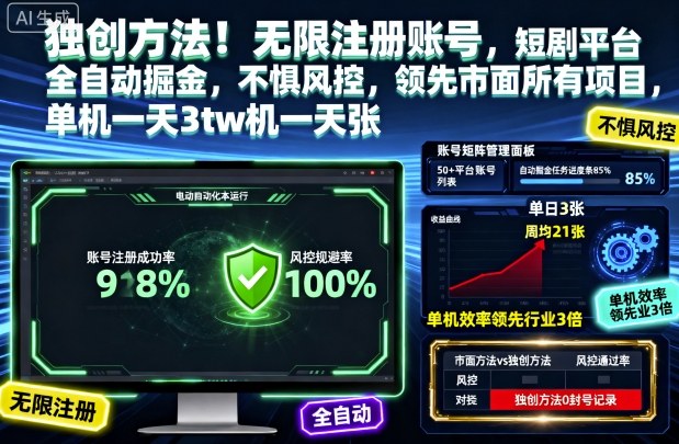 独创方法！无限注册账号，短剧平台全自动掘金，不惧风控，领先市面所有项目，单机一天3张【揭秘】-Ai创业网