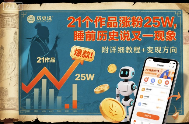 21个作品涨粉25W，睡前历史说又一现象级AI内容大爆款来啦，附详细教程+变现方向-Ai创业网