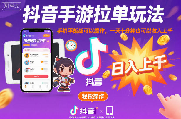 抖音手游拉单玩法，手机平板都可以操作，一天十分钟也可以收入上K【揭秘】-Ai创业网