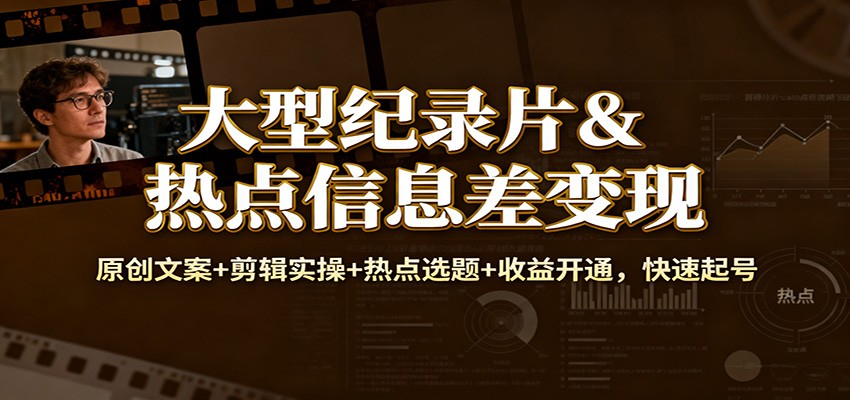 大型纪录片&热点信息差变现：原创文案+剪辑实操+热点选题+收益开通，快速起号-Ai创业网