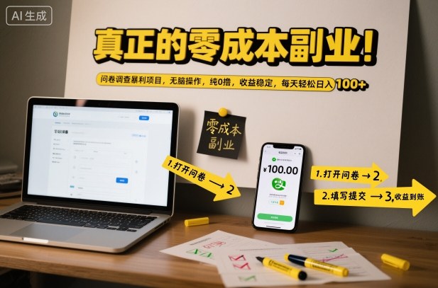 真正的零成本副业！问卷调查暴利项目，无脑操作，纯0撸，收益稳定，每天轻松日入100+【揭秘】-Ai创业网
