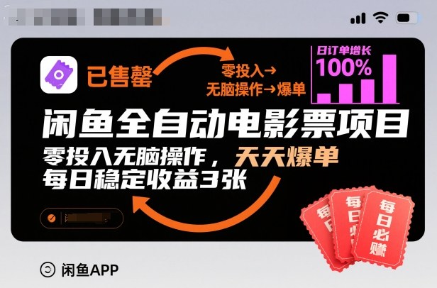 闲鱼全自动电影票项目，零投入无脑操作，天天爆单，每日稳定收益3张【揭秘】-Ai创业网