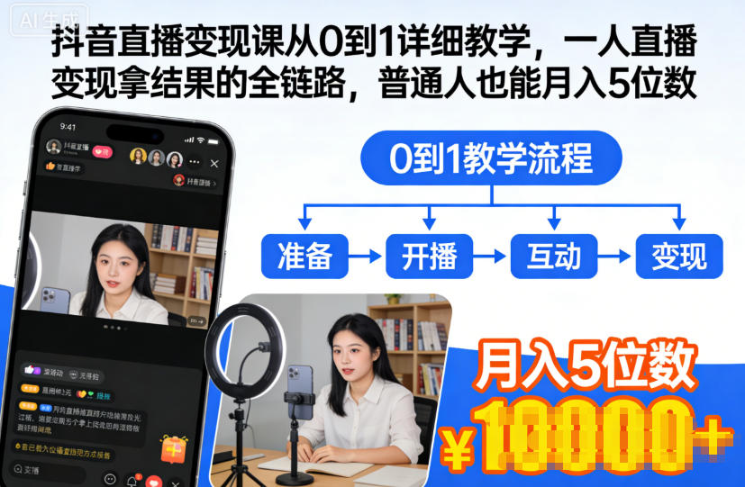 抖音直播变现课从0到1详细教学，一人直播变现拿结果的全链路，普通人也能月入5位数-Ai创业网