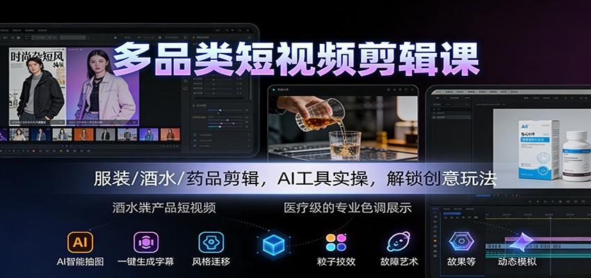多品类短视频剪辑课：服装/酒水/药品剪辑，AI工具实操，解锁创意玩法-Ai创业网