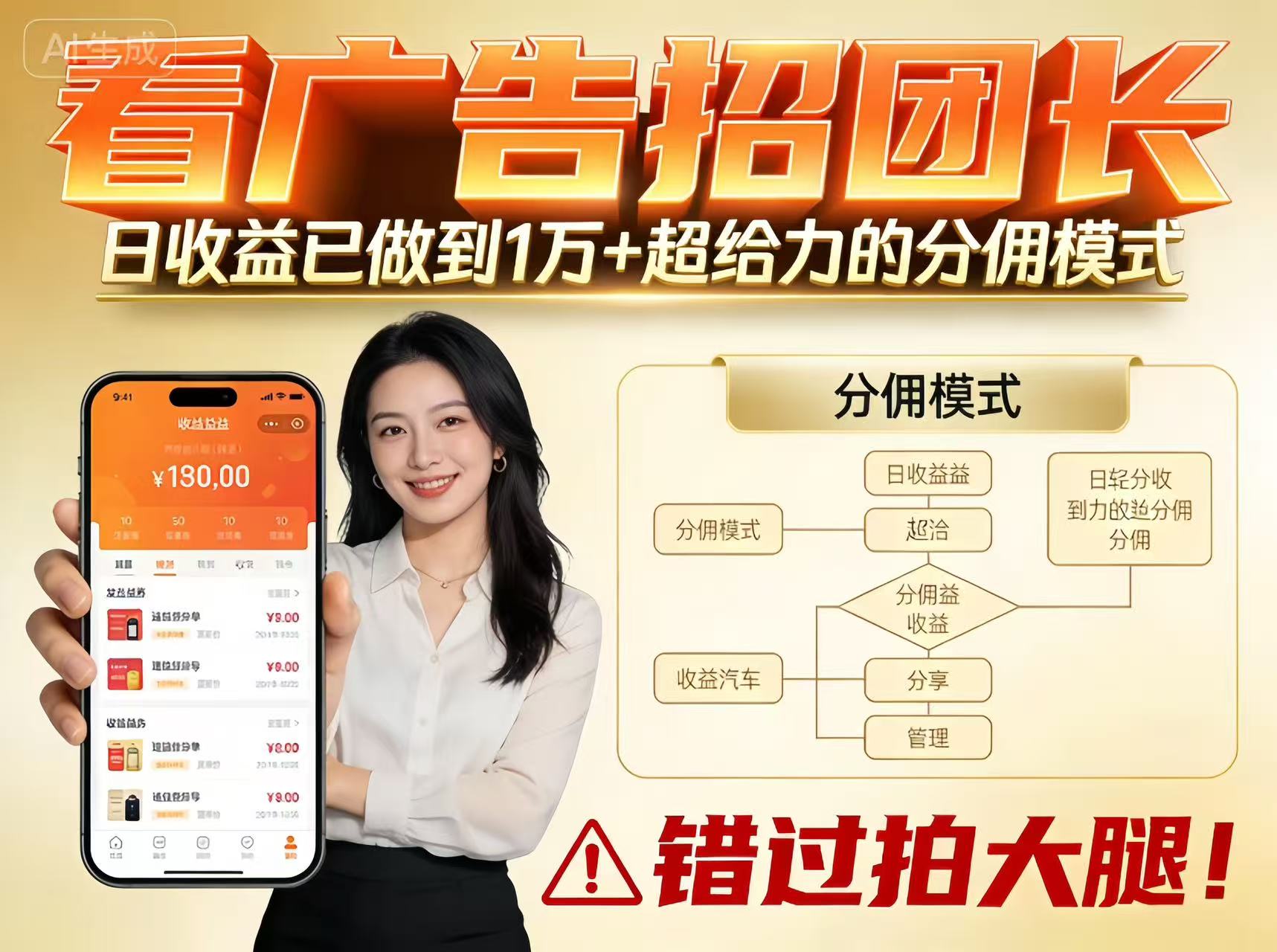 看广告招团长，团队收益已做到日入1万，分佣模式超给力，错过拍大腿-Ai创业网