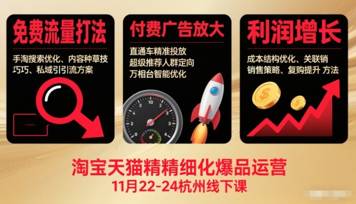 淘宝天猫精细化爆品运营11月22-24杭州线下课，免费流量打法+付费广告放大+利润增长(音频+文档)-Ai创业网