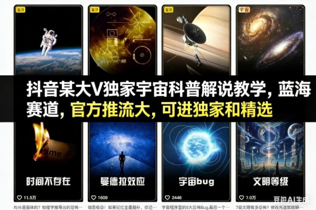 抖音某大V独家宇宙科普解说教学，蓝海赛道，官方推流大，可进独家和精选-Ai创业网