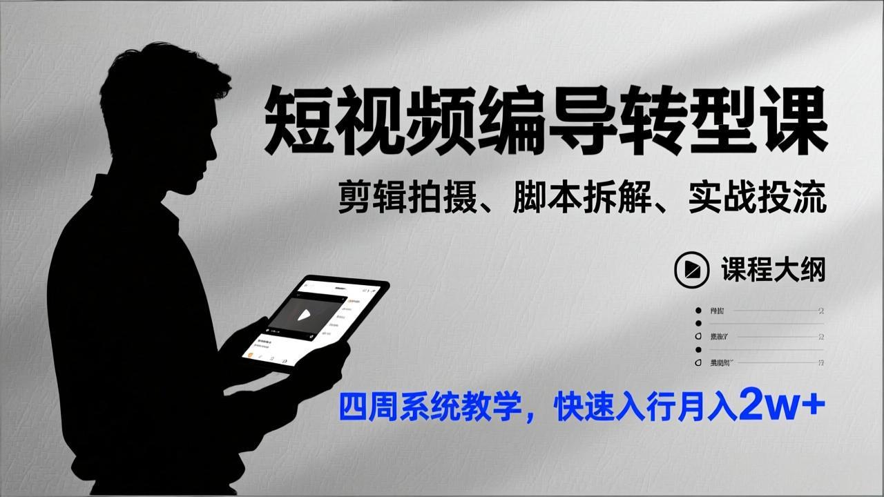 短视频编导转型课，剪辑拍摄、脚本拆解、实战投流，四周系统教学，快速入行月入2w+-Ai创业网