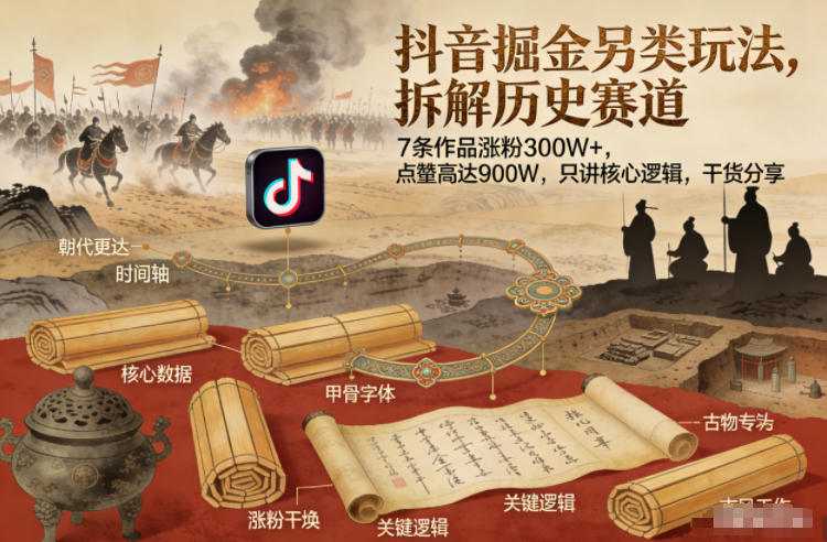 抖音掘金另类玩法，拆解历史赛道，7条作品涨粉300W+，点赞量高达900W，只讲核心逻辑，干货分享-Ai创业网