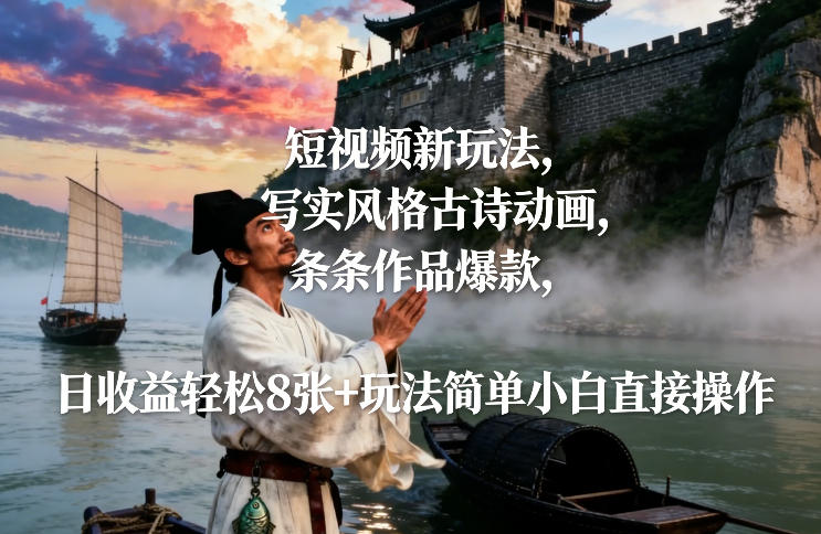 短视频新玩法，写实风格古诗动画，条条作品爆款，日收益轻松8张+玩法简单小白直接操作-Ai创业网