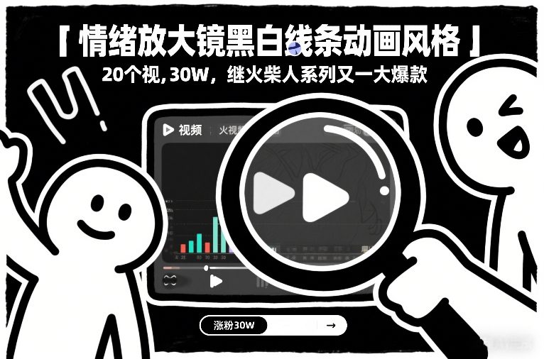 情绪放大镜黑白线条动画风格，20个视频，涨粉30W，继火柴人系列又一大爆款-Ai创业网