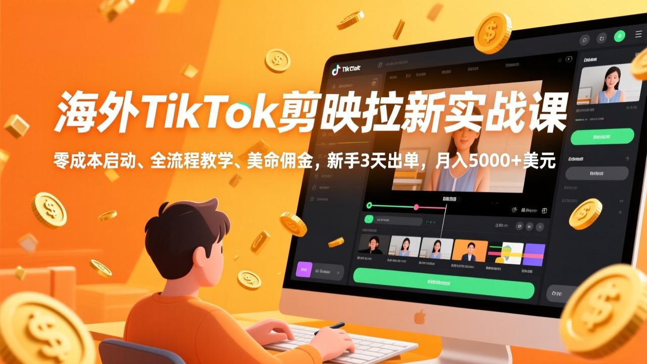 海外TikTok剪映拉新实战课，零成本启动、全流程教学、美金佣金，新手3天出单，月入5000+美元-Ai创业网