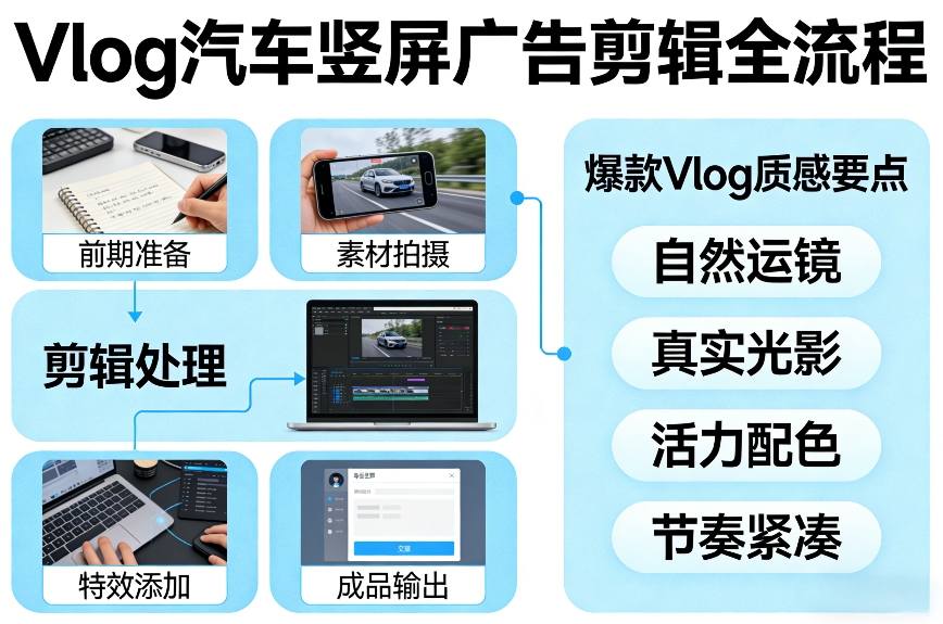 Vlog感觉汽车竖屏广告剪辑脚本全流程，拿捏爆款Vlog质感-Ai创业网