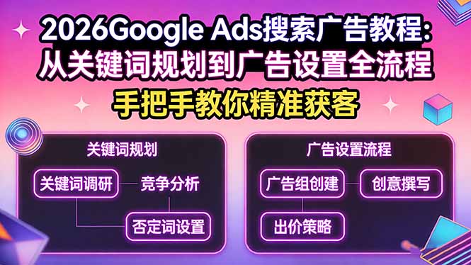 2026Google Ads搜索广告教程：从关键词规划到广告设置全流程，手把手教你精准获客-Ai创业网