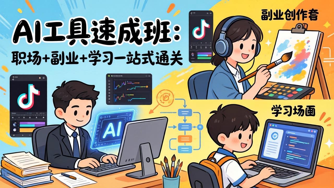 AI工具速成班：职场+副业+学习一站式通关，20+爆款类型+剪映技巧+抖音算法，0基础快速上手-Ai创业网