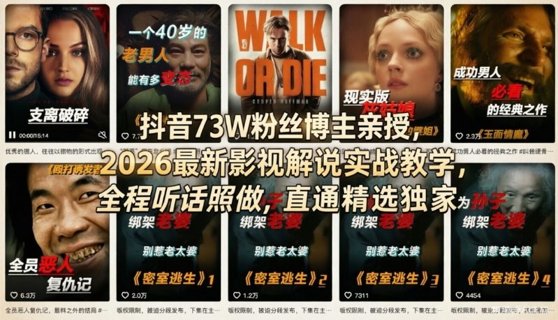 抖音73W粉丝博主亲授，2026最新影视解说实战教学，全程听话照做，直通精选独家-Ai创业网
