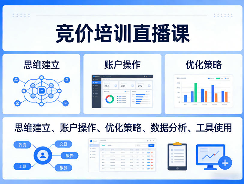竞价培训直播课，覆盖思维建立、账户操作、优化策略、数据分析、工具使用等，全方位提升效果-Ai创业网