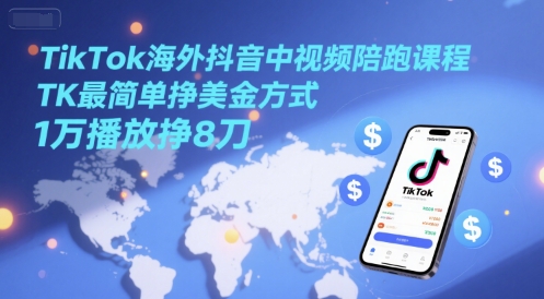 TikTok海外抖音中视频陪跑课程，TK最简单挣美金方式，1万播放挣8刀-Ai创业网
