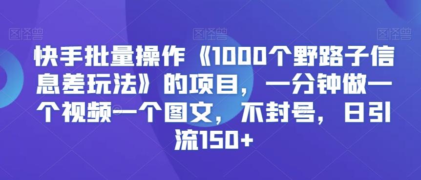 快手批量操作《1000个野路子信息差玩法》的项目，一分钟做一个视频一个图文，不封号，日引流150+【揭秘】-Ai创业网