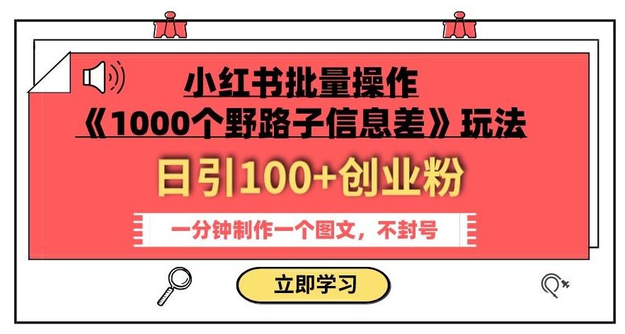 小红书批量操作《1000个野路子信息差》玩法，一分钟制作一个图文，不封号，日引100+创业粉-Ai创业网