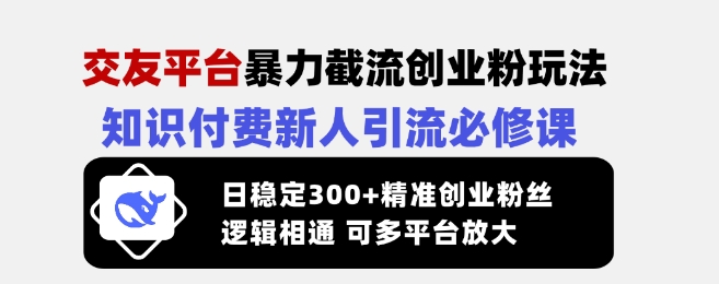 交友平台暴力截流创业粉玩法，知识付费新人引流必修课，日稳定300+精准创业粉丝，逻辑相通可多平台放大-Ai创业网