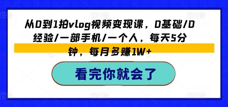 从0到1拍vlog视频变现课，0基础/0经验/一部手机/一个人，每天5分钟，每月多赚1W+-Ai创业网