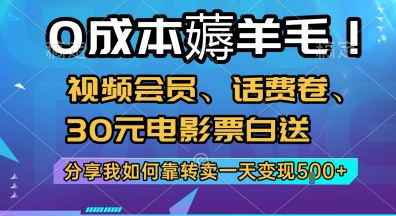 0成本薅羊毛!视频会员、话费卷、30元电影票白送，分享我如何靠转卖一天变现5张+【揭秘】-Ai创业网
