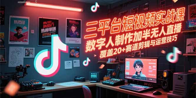 三平台短视频实战课，数字人制作加半无人直播，覆盖20+赛道剪辑与运营技巧-Ai创业网