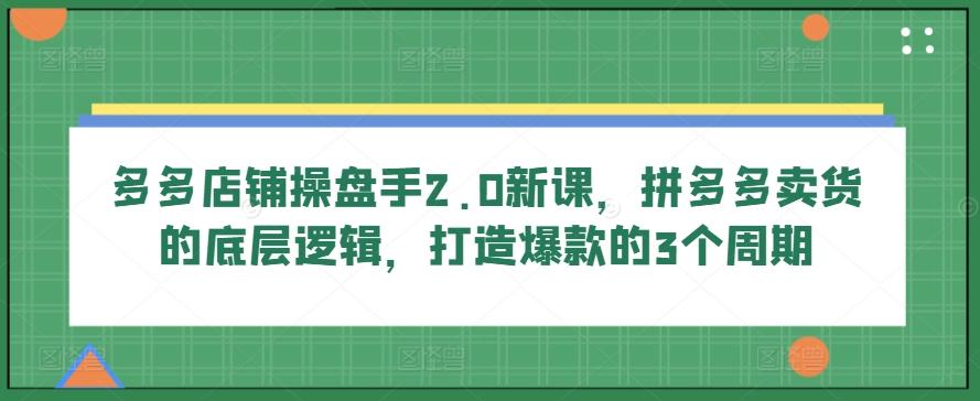 多多店铺操盘手2.0新课，拼多多卖货的底层逻辑，打造爆款的3个周期-Ai创业网