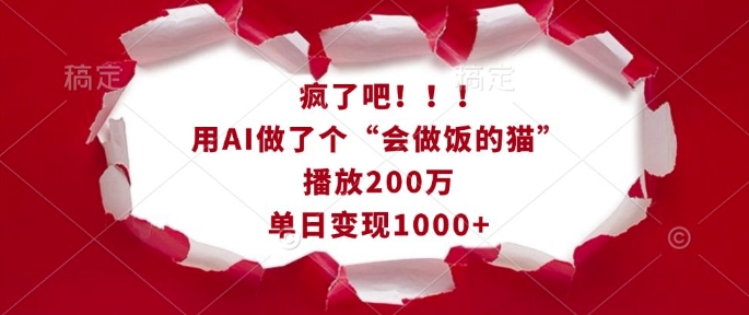 疯了吧！用AI做了个“会做饭的猫”，播放200万，单日变现1k-Ai创业网