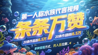 第一人称水族代言视频，条条万赞，20条作品涨粉7.8W，多种变现方式月入五位数-Ai创业网